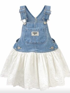 Oshkosh B'gosh Baby Girl 18M Denim Overall Jumper Dress White Eyelet Lace Skirt